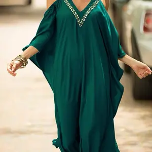 Turkish Cold Shoulder Kaftan Dress Swimsuit Coverup Maxi Dress in Emerald Green with Gold Embellishments