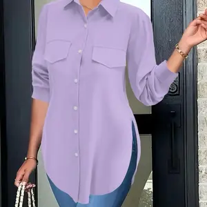 Women's Plain Button Front Pocket Shirt, Casual Long Sleeve Collared Top for Daily Wear, Shirts for Women, Ladies Clothes for All Seasons Womenswear