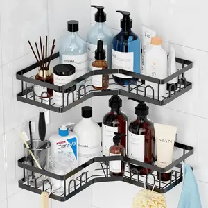 Corner Shower Caddy, 2 Pack Shower Shelf for Inside Shower, Bathroom Shower Organizer Corner with Hooks, Adhesive Black Shower Shelves Storage, Shower Rack for Inside Shower, Shampoo Holder No Drill