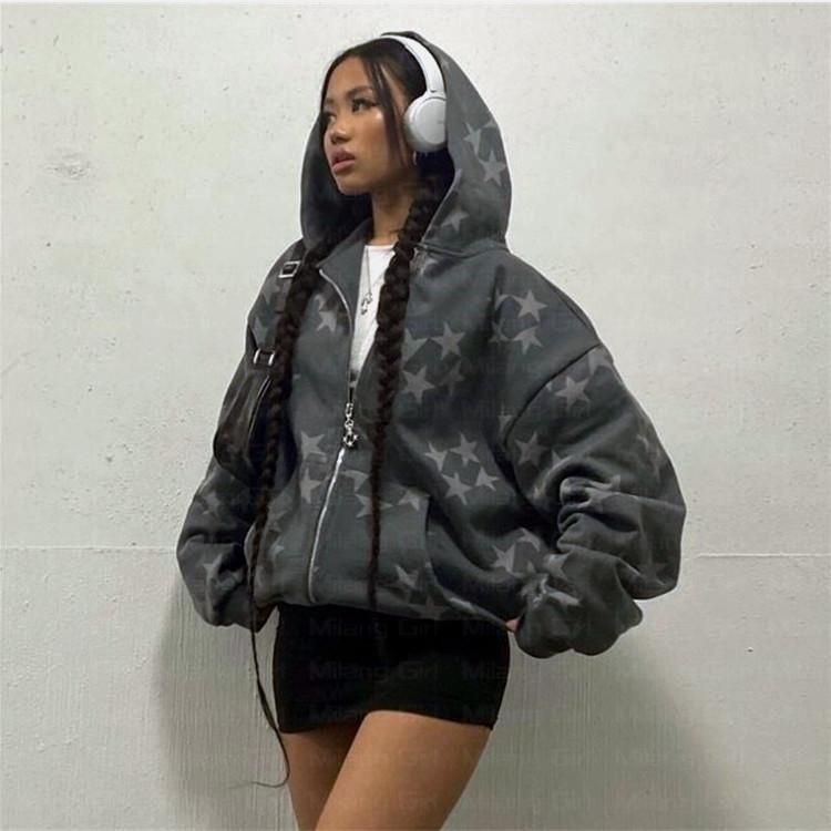 Stars Printed Zipper Hooded Cardigan Couple Fashion Outerwear Hoodies Sweatshirt Street Men Women Coat