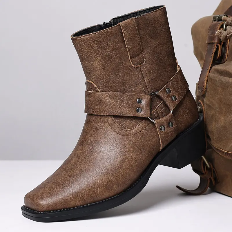 DINAOR Men's Retro PU Leather Motorcycle Boots - Mid-Calf, Bold Buckle Style, Block Heel, Square Toe, Rubber Sole, Synthetic Material, All Seasons, Breathable, Slip-On, Chic Casual Street Shoes
