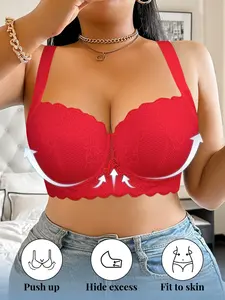 Plus Size Women's Lace Elegant Push-Up Bra, Full Coverage Underwire Support Anti‑sagging Cover Side Breasts, Adjustable Wide Straps, Comfortable Breathable everyday wear