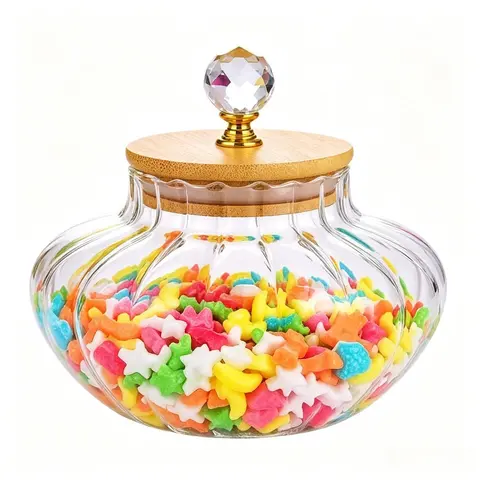 Thick Glass Body Striped Round Fruit-Shaped Food Storage Jars with Bamboo Lids - Airtight, Leak-Proof Home Organizer Tea & Coffee Jars, Crisp Look Kitchen Canisters for Sugar, Spice