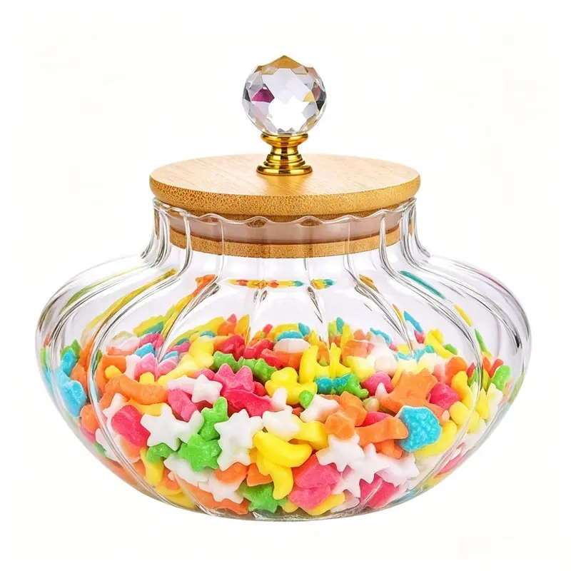 Thick Glass Body Striped Round Fruit-Shaped Food Storage Jars with Bamboo Lids - Airtight, Leak-Proof Home Organizer Tea & Coffee Jars, Crisp Look Kitchen Canisters for Sugar, Spice