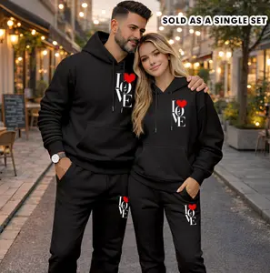 Couple's LOVE Print Hooded Sweatshirt and Drawstring Sweatpants Set (Sold as a Single Set), Casual Sportswear, Long-Sleeve Hooded Jacket and Pants, Suitable for Autumn and Winter, Everyday Wear, Tracksuit, Casual Athletic Wear