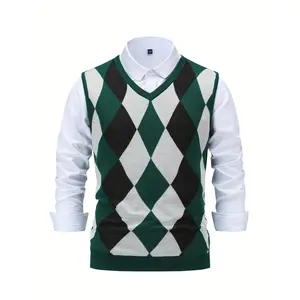 New ModelKnitted Sleeveless Sweater - Men's Argyle Graphic Print - Casual V Neck Vest For Outdoor Activities