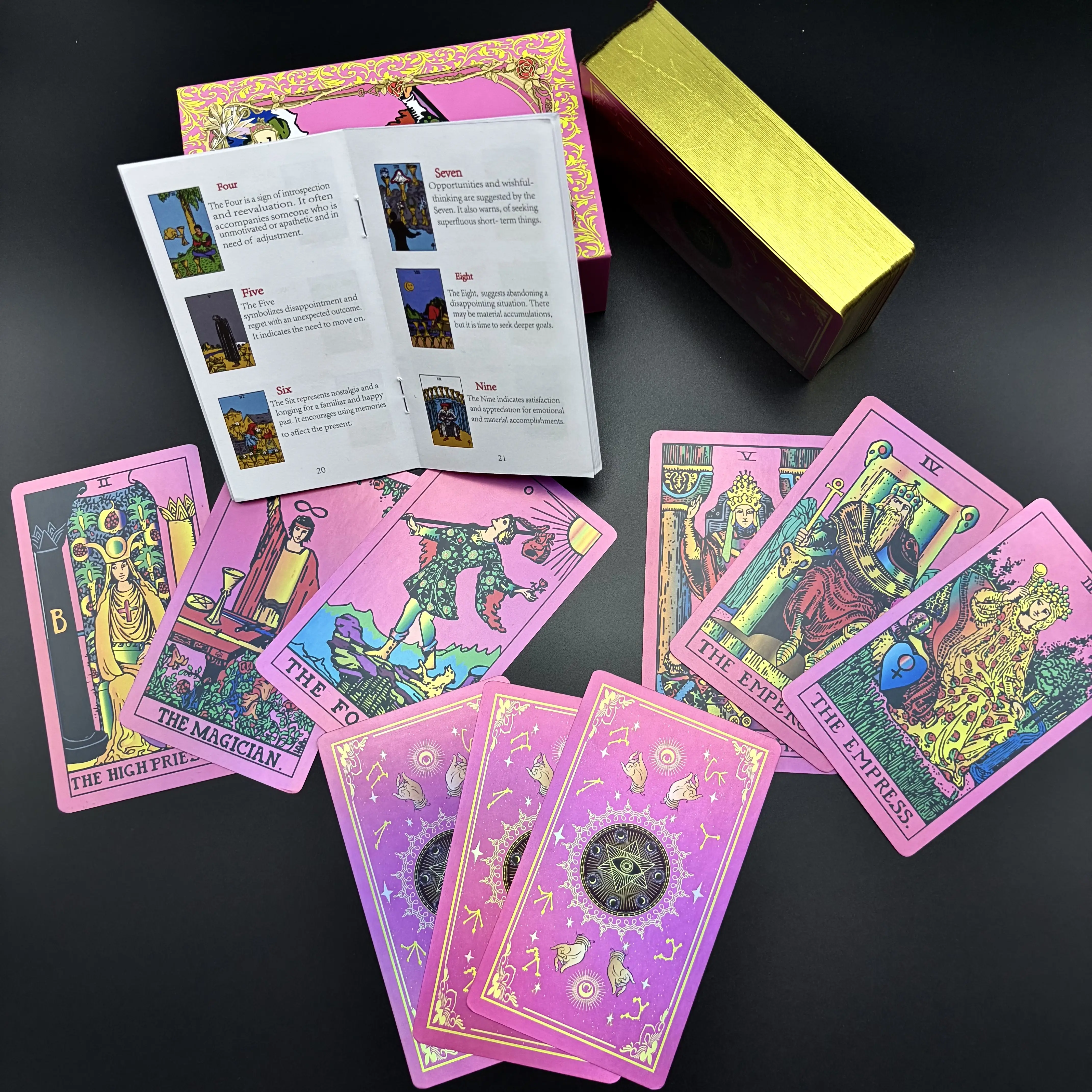 Angel Eye Pink Holographic Paper Tarot Cards, Gold Foil Edges, Wrinkle Resistant Deck with Guidebook, Beginner Friendly Evil Eye Tarot Set