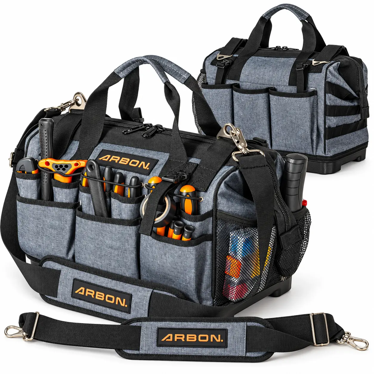 ARBON 34-Pocket Heavy Duty Tool Bag, 16-Inch Tool Bag Organizer with Water-Resistant Hard Base, Padded Shoulder Strap & MOLLE Storage for Electricians, HVAC, Carpenters, Mechanics & Construction