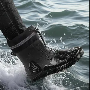 Men's High Quality Slip-On Rain Boots with Elastic Closure - Lightweight Rubber & PVC Outdoor Shoes for Hiking, Beach, Camping, Fishing - All-Season Black Ankle-High Boots with Cushioned EVA Insole, High Quality Shoes