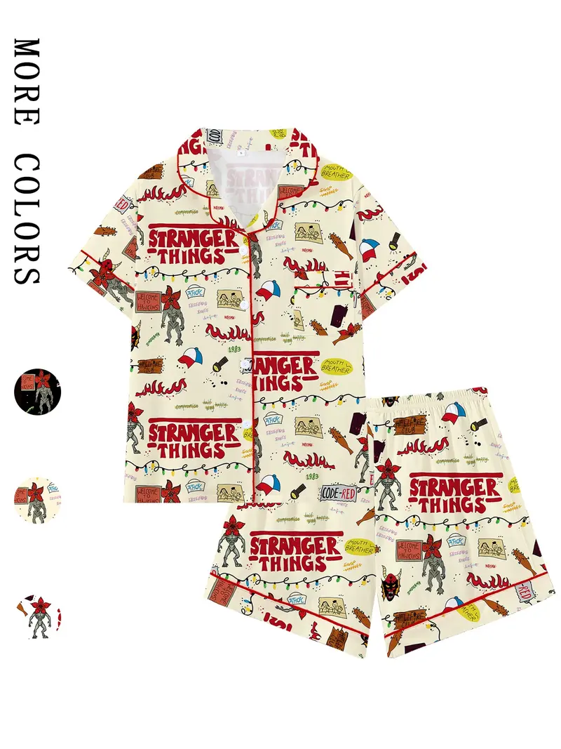 Stranger Things Sleepwear Set, Two-Piece Lapel Button Top and Shorts, Women's Casual Home Wear, Comfortable for Parties