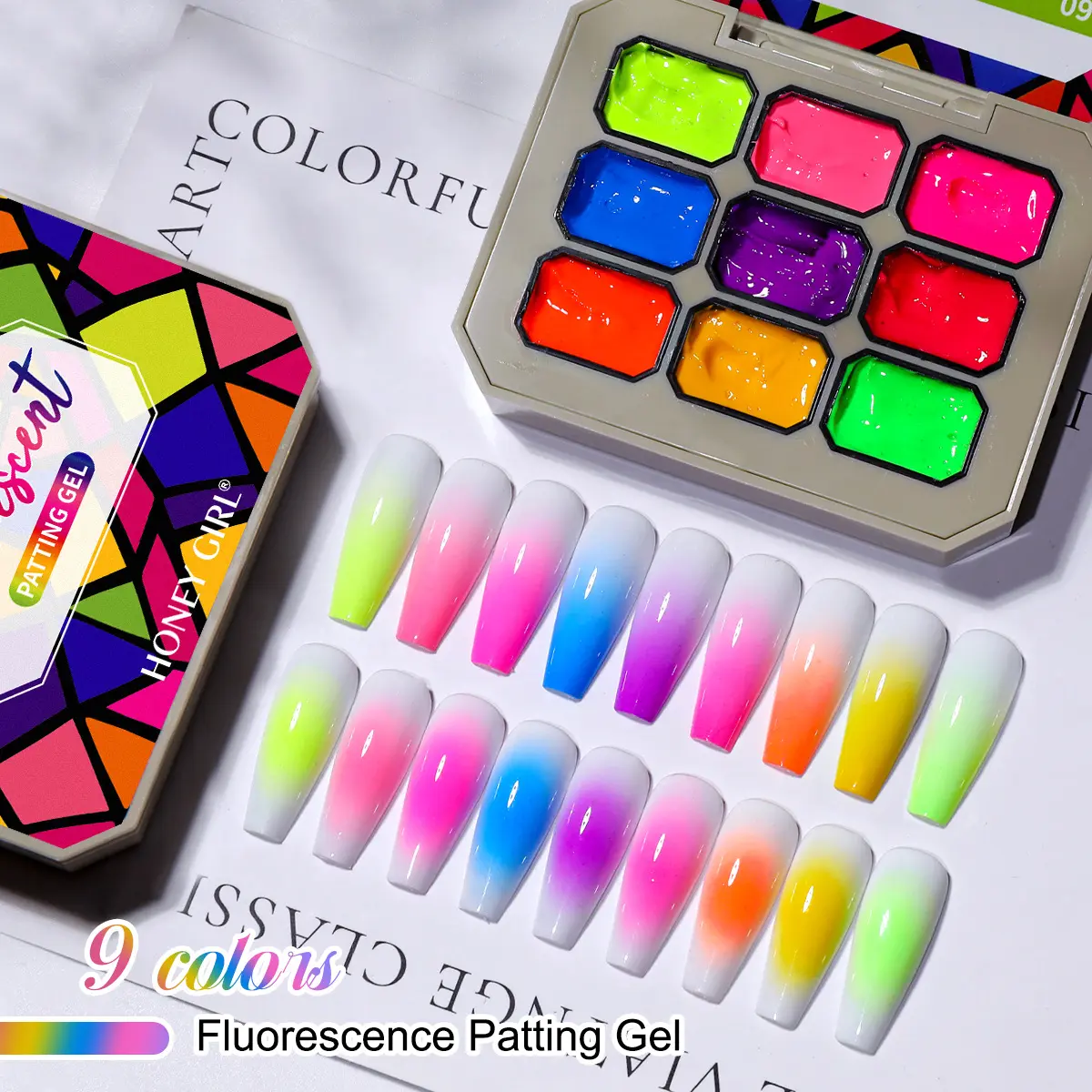 9 Colors Fluorescent Pudding Gel Palette - Neon Pigmented Nail Art Patting Gel for Gradient & Stamping, Nail Polish, Gel Polishes