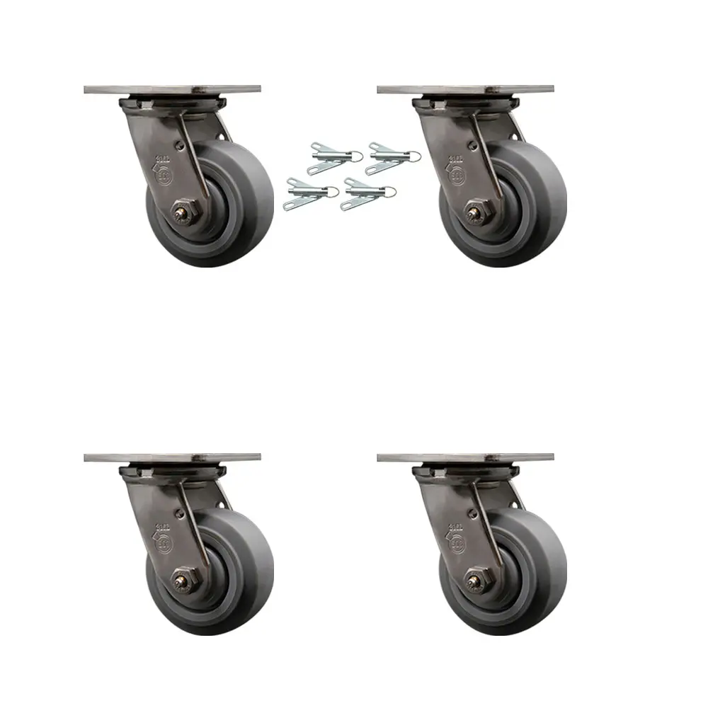 Service Caster SCC-SS31630S420-TPRBF-BSL-4 316 Stainless Steel Heavy Duty Swivel Castors (Anti-Rust, Polished Metal, Rubber, Metal Ball) - 4 in. Thermoplastic Rubber Flat Tread Wheels, Ball Bearings - Set of 4, Anti-Rust Castors, Metal Ball Castors