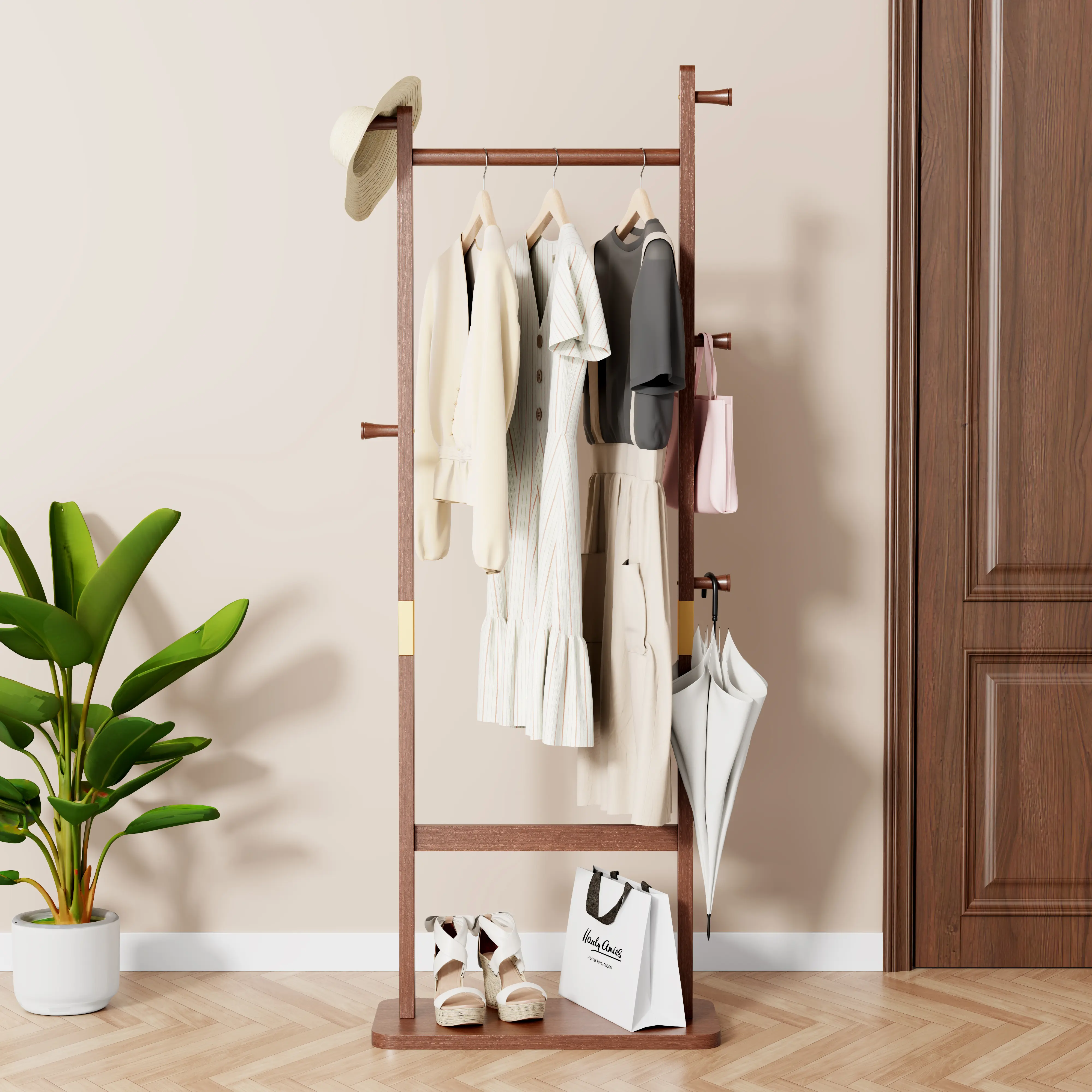 Freestanding Wooden Coat Rack Organiser - 5-Hook Multi-Arm Furniture, Sturdy Storage Solution for Coats, Scarves, Handbags, Umbrellas - Ideal for Hallway, Large Capacity, New Year Gift, Coat Racks Organiser