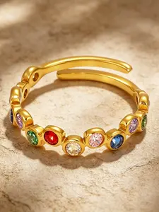 18K Gold Plated Titanium Steel Rainbow Zircon Open Ring, Dopamine Gemstone Adjustable Women's Ring, Everyday Wear, Perfect Gift Choice