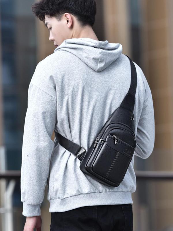 Men's Business Solid Color Sling Bag, Fashionable PU Leather Chest Bag for Daily Used, Casual Trendy Versatile High-quality Daily Commuting Bag