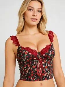 Women's French Floral Milk Silk Lace Splicing Tank Top, Sweet Cool Vintage Bralette, Inner Wear or Single Layer, Suitable for Dates, Underwear