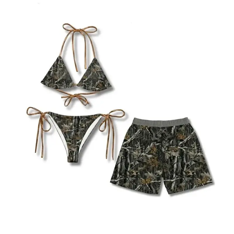 Camo Matching Couple Swimwear Set, Sexy Tie-Side Tankini for Women & Men's Camo Mesh Shorts, Matching Hunting Camo Outfit for Summer Vacation & Honeymoon