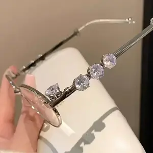 Oval Rhinestone Sunglasses Clear Lens Small Round Metal Frame Unisex Retro Eyewear for Daily Wear Party Travel Decoration