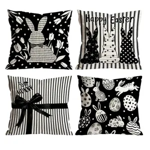 Black White Easter Bunny Throw Pillow Covers Set of 4 | Polka Dot Stripe Rabbit Egg Decor for Sofa Couch 0224YH