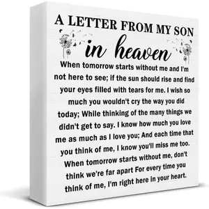 Sympathy Gifts Memorial Gifts for Loss of Son, Grieving Gift a Letter from My Son in Heaven Wood Sign Heart Plaque Decoration for Home Desk Shelf Table 5 X 5 Inch