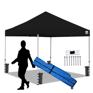 360 stand 10x10 ft. Festival Instant Setup Canopy, Black, 1in. Steel Frame with Steel Legs, Weight Bags, Guy Ropes, Stakes