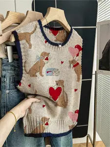 1 piece + Spring and summer back-to-school Casual Sleeveless Outerwear style loose round-neck sleeveless woolen fabric with dark blue border and heart-shaped puppy print Valentine's Day knitted top for women, paired with a vest, worn alone