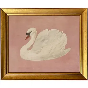 Vintage Gold Framed Wall Art White Swan Canvas Print Farmhouse Pink Wall Decor Cute Swan Painting Artworks for Girly Bathroom Decor Living Room Bedroom
