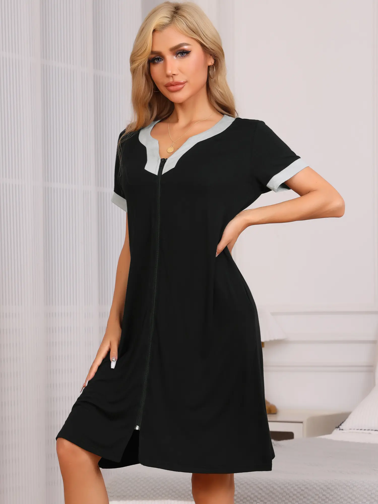 INSPIRE CHIC Women's Zipper Front Nightgown Short Sleeves Robe Zip Up Sleepwear Short Loungewear with Pockets