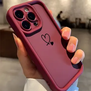 Wine Red Cute Heart Phone Case, Minimalist Black Love Print, Shockproof Soft Bumper Cover for iPhone 17 16 15 14 13 12 11Pro Max