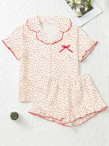 Women's Short Sleeve Shorts Pajama Set Loungewear, Sweet Elegant Ruffle Garden Cherry Cute Style, Soft Bubble Wrinkle Comfortable Home Wear
