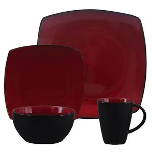 Gibson Soho Lounge 16Pc Square Stoneware Dinnerware Set, Red and Black
