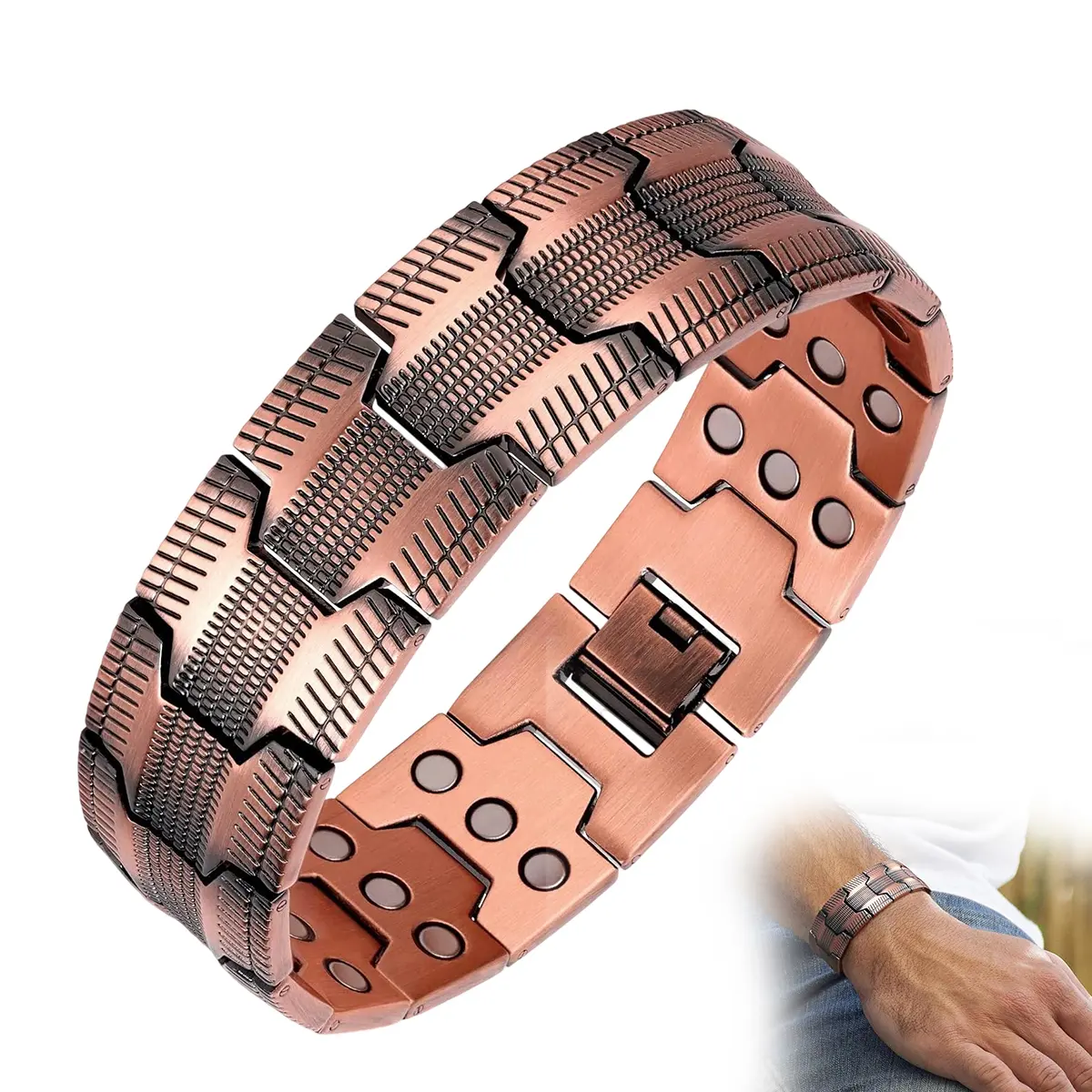 Men's Tire Pattern Fashion Bracelet, Masculine Magnetic Bangle Jewelry with 3x Strength Magnets - Great Father's Day Gift Idea with Sizing Tool, Hypoallergenic Jewelry, Wide Link, Dimensions