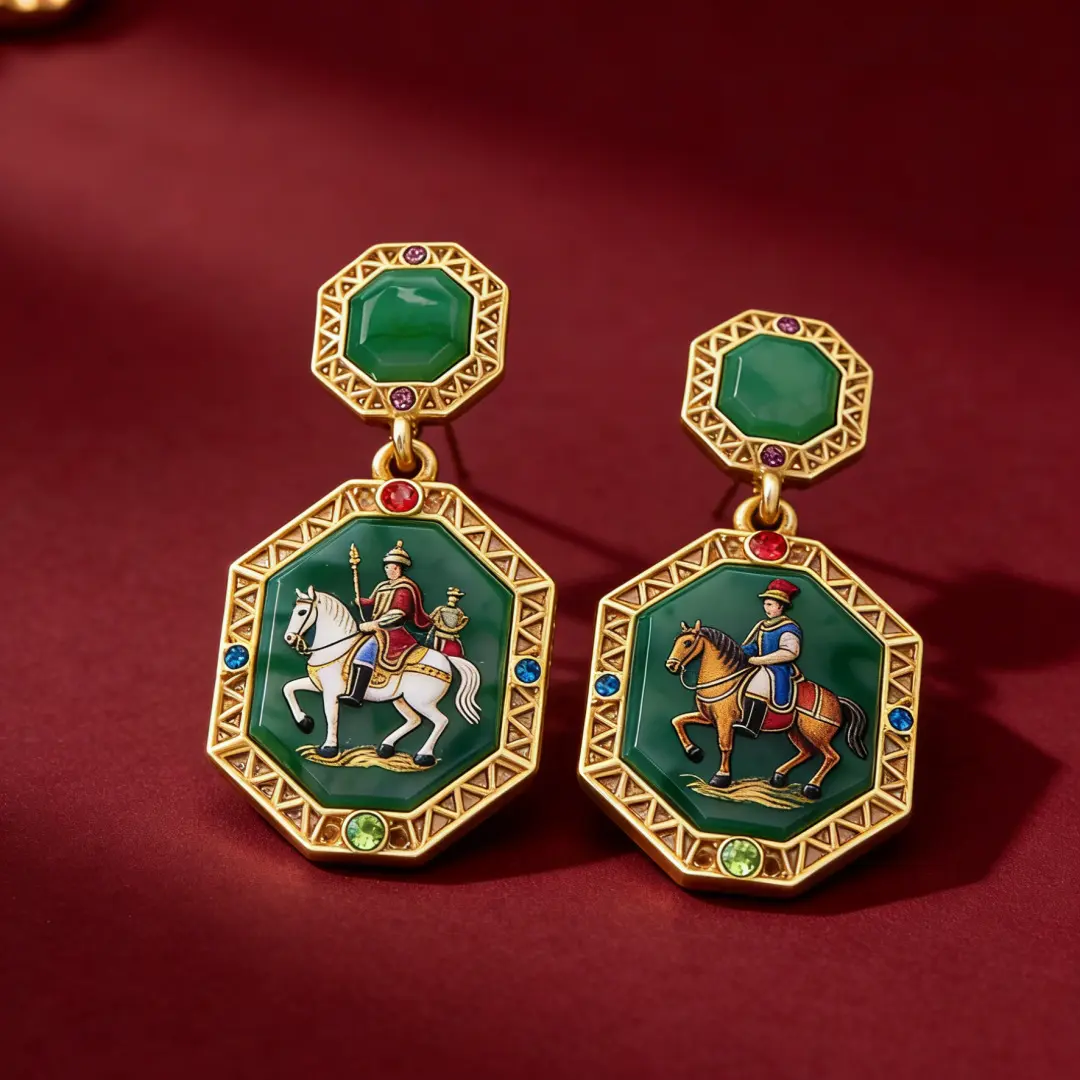 Viral Vintage Royal Equestrian Enamel Drop Earrings | Hypoallergenic Gold-Plated Stud Earrings Set funky unique accessories | super chunky huggie hoop earring | Hand-Painted Horse Rider Statement Jewelry for Women | earring women Maximalist new jewelry