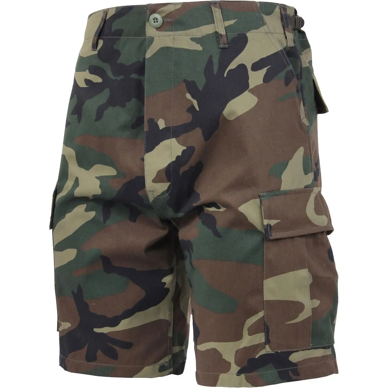 Men's Tactical BDU Camo Shorts - GI Issue, Woodland Camo, Polyester Cotton Twill Fabric, Button Fly, 2 Front Slash Pockets, 2 Large Side Cargo Pockets, Gear-Carrying Menswear Bottoms, Navy, Carry More Gear