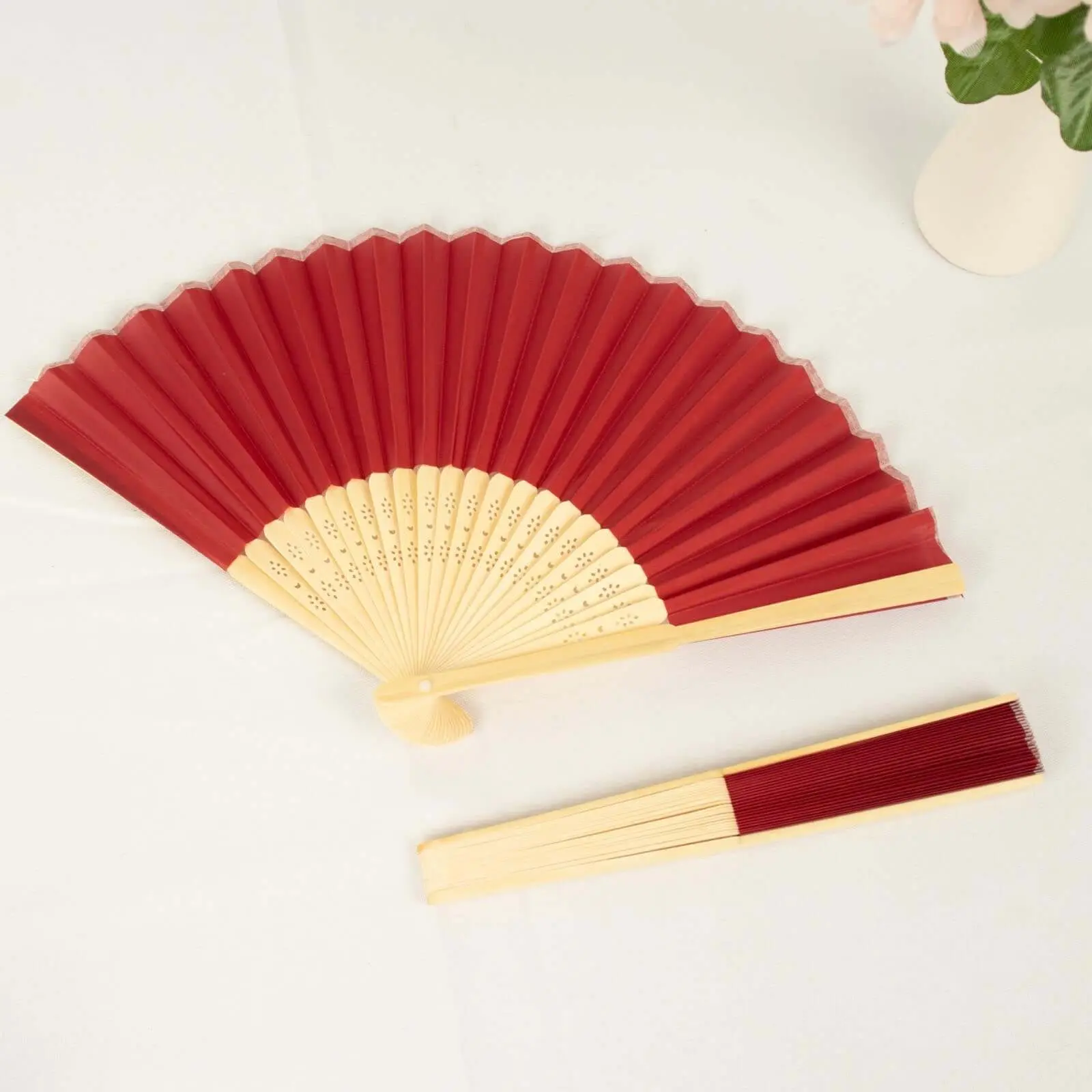 5-Pack Durable Red Asian Silk Bamboo Hand Fans with Handle - Minimalist Oriental Home Decor Wall Art, Event Decoration, Party Favors