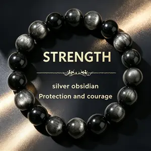 90S Minimalist Protection Energy Bangle Mens Natural Silver Obsidian Beaded Bracelet Spiritual Courage Charm Wrist Accessory Trendy Daily Outfit Matching Jewelry For Party Birthday Gift
