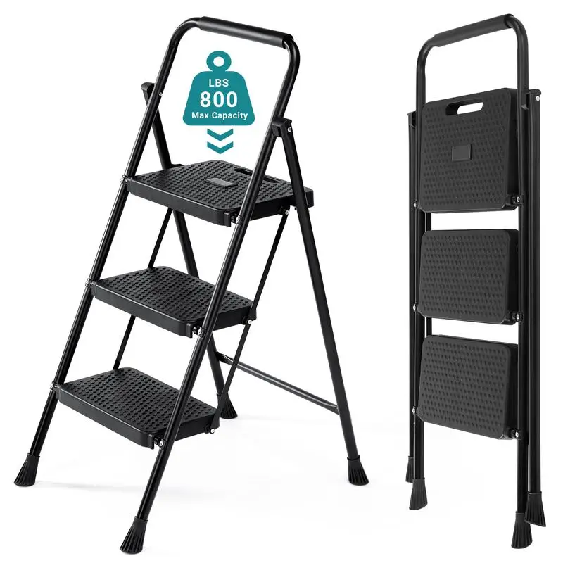 2/3-Layer Portable Collapsible Ladder for Household Use - Compact and Lightweight Sturdy Step Stool with Safety Buckle, Anti-Slip Pedal, Cushioned Handle, User Safety Features