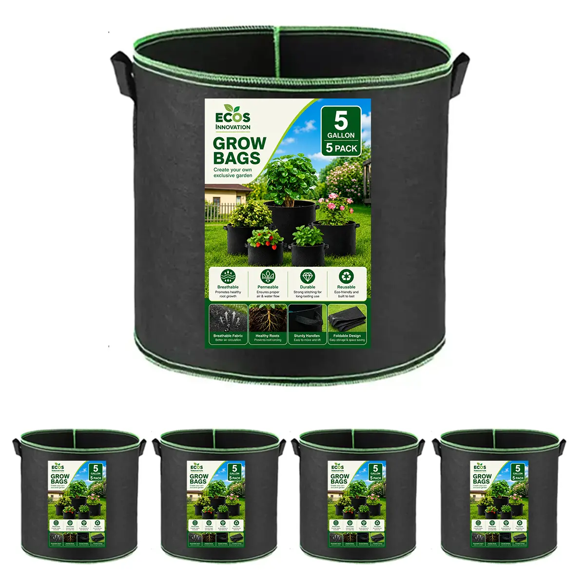 ECOS INNOVATION 5-Pack 5 Gallon Grow Bags Thickened Nonwoven Fabric Pots with Handles Heavy Duty Aeration Fabric Pots Plant or Fruits Flowers Plant for Gardening