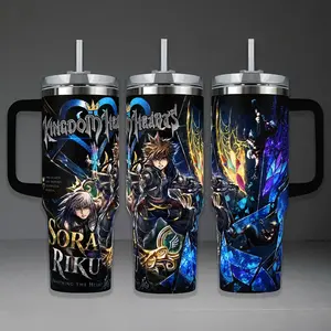 Kingdom Hearts Tumbler, Sora & Riku "Awakening the Heart" 40oz Cup with Handle & 20oz Travel Mug. Gaming Fan Gift, Kingdom Hearts Inspired Insulated Tumbler Featuring Epic Keyblade & Character Graphic Design.