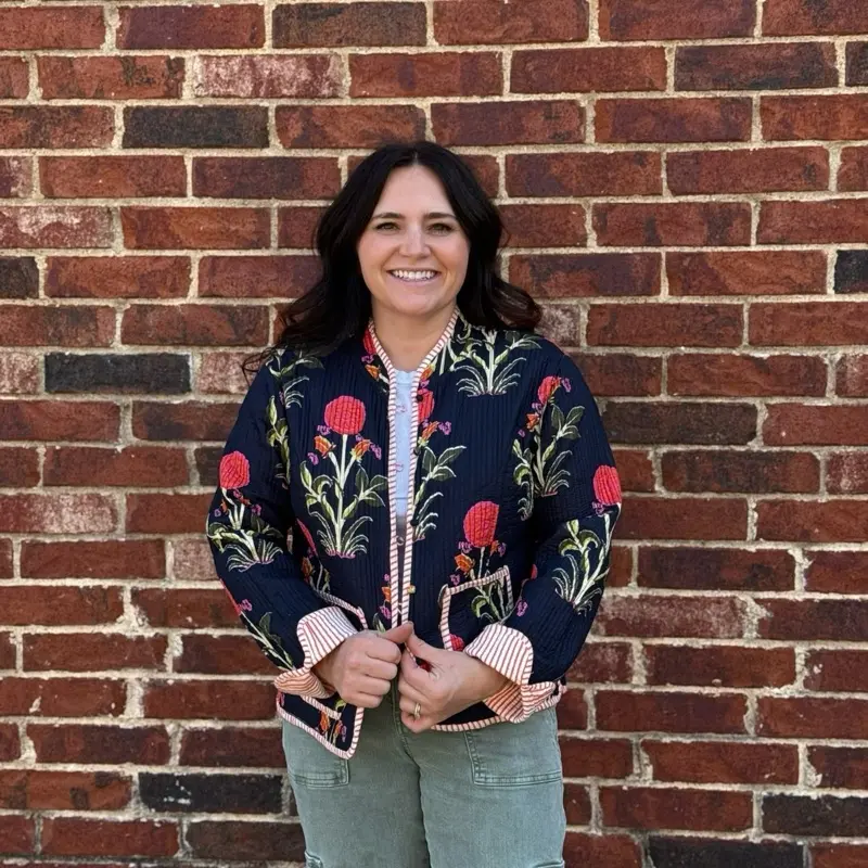Sunset Jacket - Navy Cotton Floral Print Women's Reversible Button-Up Outerwear with Pockets Long Sleeve Casual