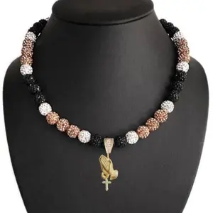 Iced Bling Disco Ball Rhinestone Crystal Beaded Vegas Gold Black Baseball Drip Necklace + Jesus Prayer Hands