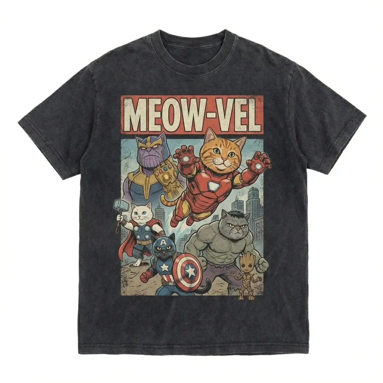 Meow-Vel Cat Graphic Tee, Viral TikTok Oversized Vintage Tee, Funny Super Cats Shirt, Unisex Streetwear