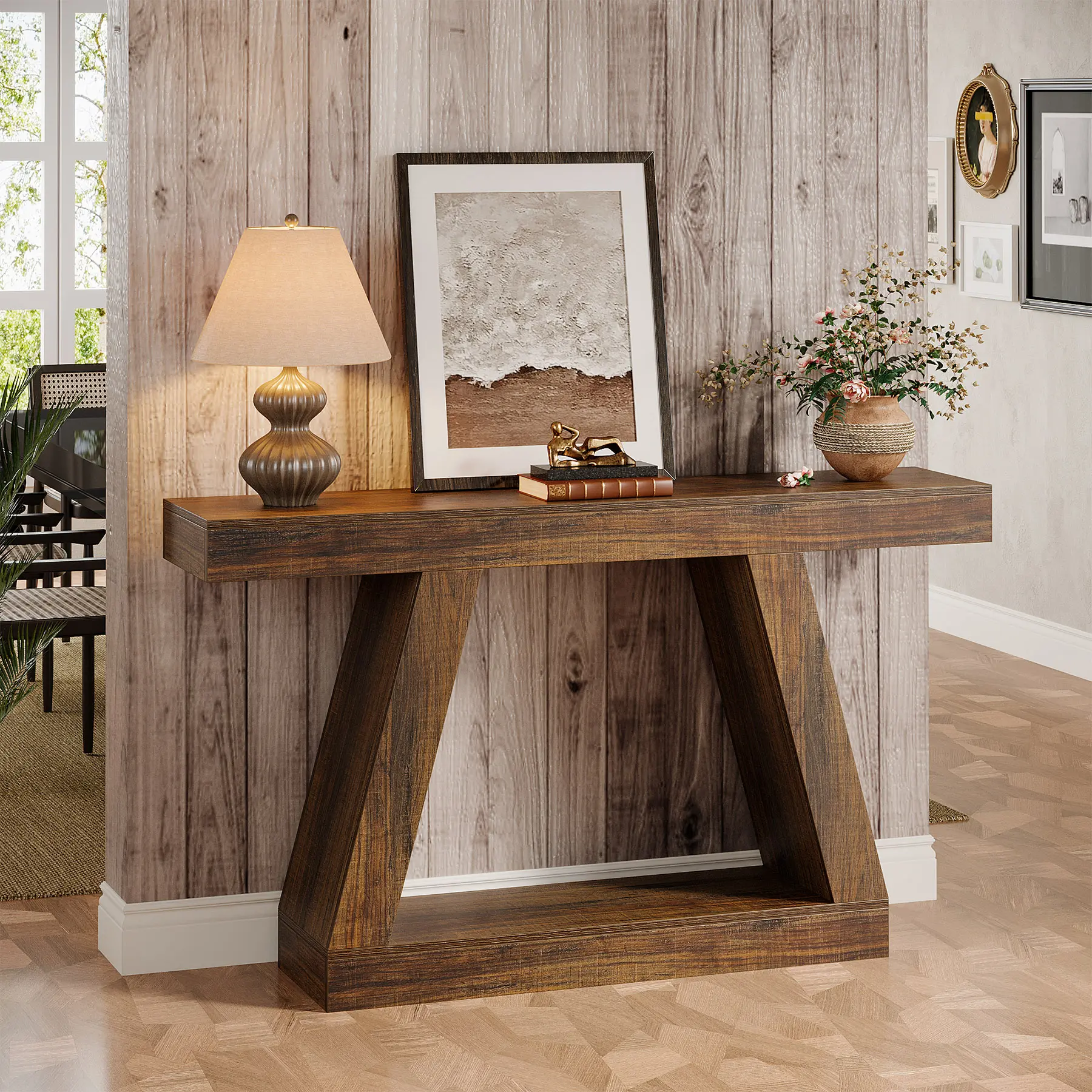 Best-selling retro aesthetic: American country-style wood-grain entryway table; 55-inch long narrow sofa-side coffee table for living room; creative trapezoidal wall-mounted storage rack; hallway end table; multifunctional storage side table
