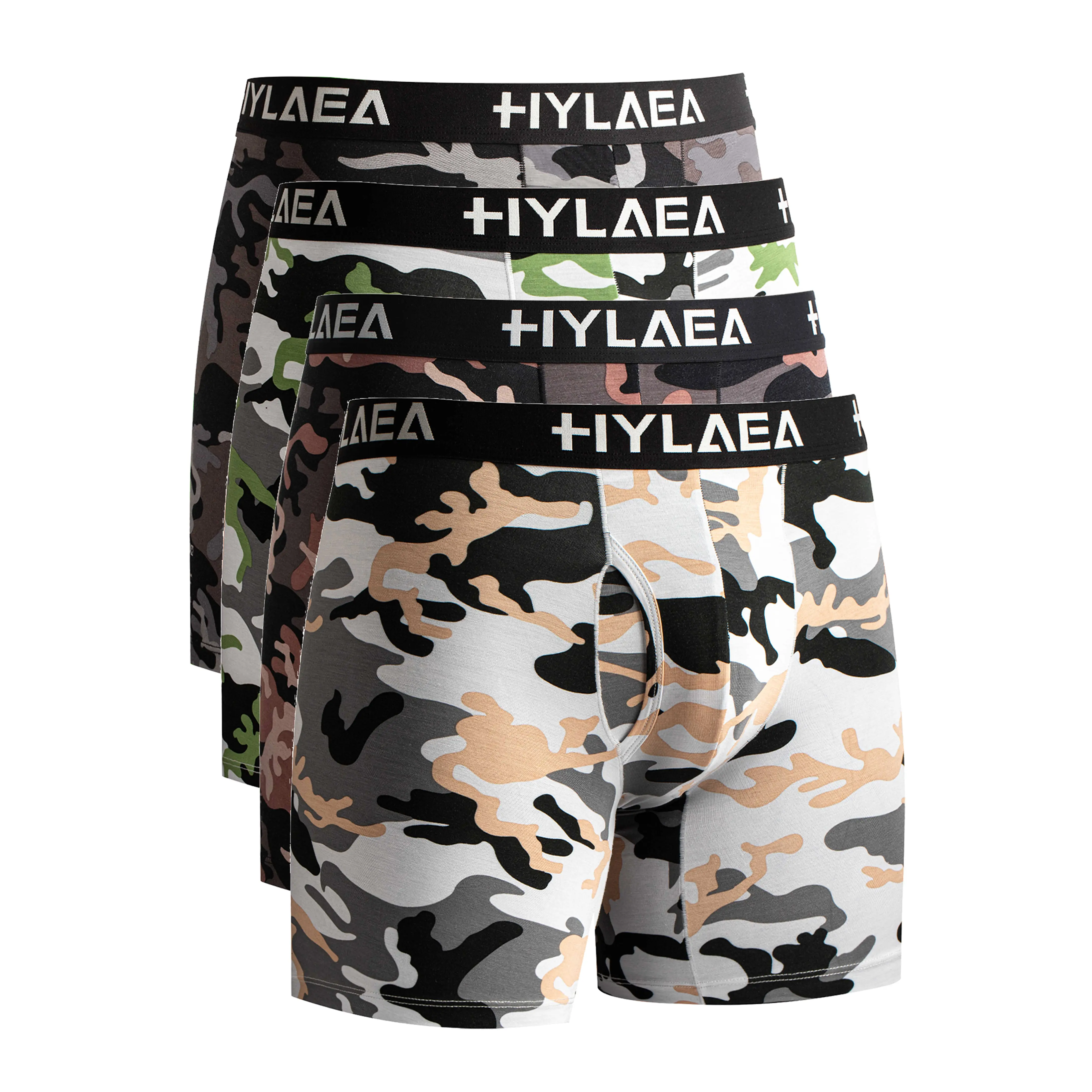 Hylaea Menswear 4-Pack Bamboo Blend Long Length Camo Boxer Briefs, Cool Breathable Moisture-Wicking Anti-Chafe Legs Underwear for Gym & Everyday Casual Wear