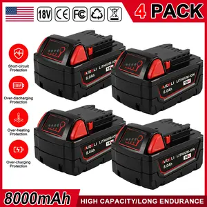 4Pack M18 8000mAh 18V Replacement Battery for milwaukee Replacing batteries with electric tools M-18Battery Pack Compatible with M-18 8.0Ah Lithium Battery 48-11-1890,48-11-1850,48-11-1828,48-11-1820,48-11-1815 Cordless Tools milwaukee battery Heavy Duty
