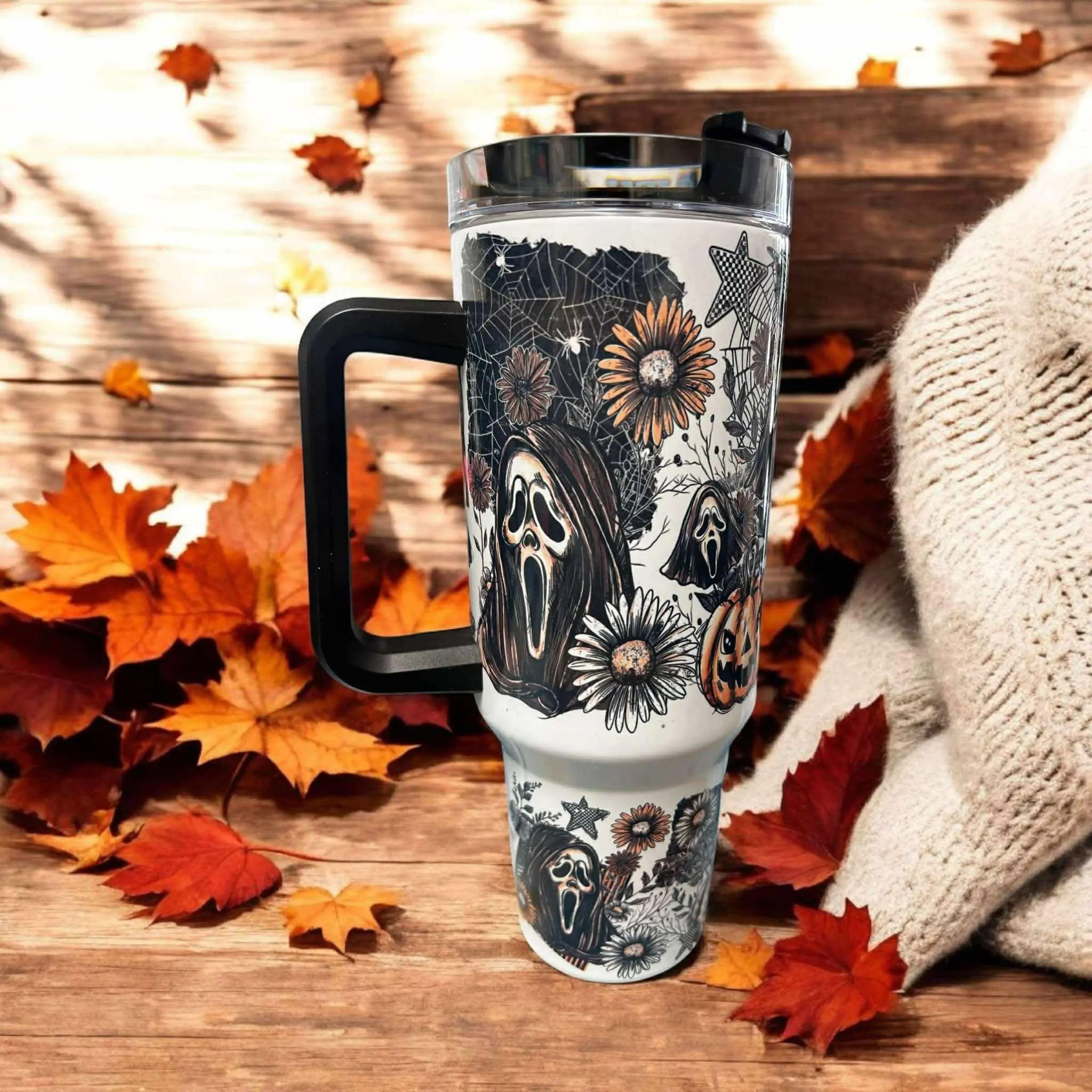 Scream-Inspired, Ghostface Tumbler for Fall - Pumpkin and Skull Design, Halloween Mug, Stainless Steel Cup