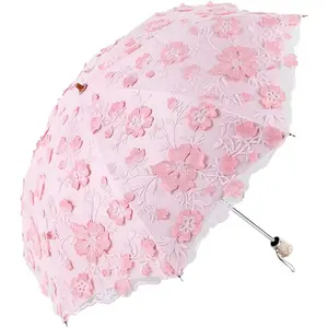 Vintage Lace UV Sun Parasol Folding 3D Flower Embroidery Umbrella