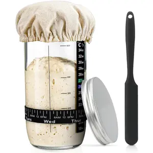 Sourdough Bread Baking Supplies,24 oz Sourdough Starter Jar Glass, Sourdough Starter Kit with Date Marked Feeding Band, Thermometer, Silicone Scraper, Sewn Cloth Cover & Aluminum Lid, Sourdough Jar