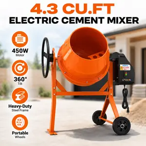Electric Cement Mixer 4.3 Cu.Ft Portable Concrete Mixer Machine, 450W 3/5HP Motor with 360° Tilting Drum, Heavy Duty Steel Frame & Wheels for Concrete, Mortar, Stucco, Feed Mixing, Home & Jobsite Projects