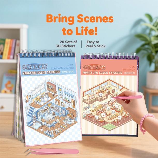 20 Sets DIY 3D Sticker Scene, Sticker Therapy Scenes Collection Book for Adults Stress Relief Pass The Time, Make Your Own House Miniature Cute Cartoon Animal Isometric Scene Funny Stickers